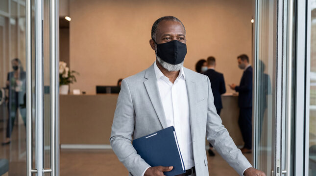 Businessman wearing face mask leaving modern office building, holding folder, maintaining professional safety during workday - Powered by Adobe