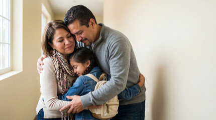 Loving family reunion as parents embrace their young daughter in a hallway, expressing warmth, togetherness, and emotional support