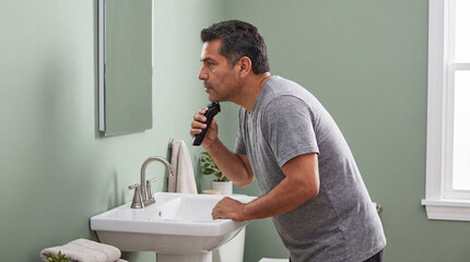 Middle aged man shaving with electric razor in bright bathroom with sink and mirror near window on relaxing morning