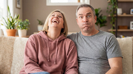 Middle aged couple sitting on a cozy sofa at home, laughing and making silly faces together in a bright living room