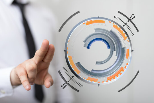 A person's hand interacting with a futuristic circular digital interface, representing technology, innovation and future concepts.