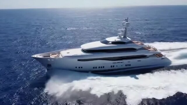 Witness the elegance of a magnificent yacht as it glides swiftly over the shimmering ocean waves, showcasing luxury and adventure. The sun sparkles above, enhancing the serene atmosphere.