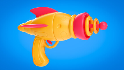 Cartoon futuristic alien space gun in bright colorful glossy style. Realistic 3d illustration for child toy or concept art for game.