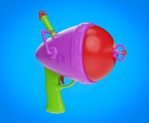 Cartoon futuristic alien space gun in bright colorful glossy style. Realistic 3d illustration for child toy or concept art for game.