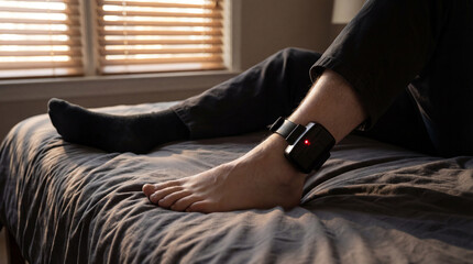 Man sitting on bed wearing ankle monitor tracker in a dimly lit room with sunlight streaming through window blinds