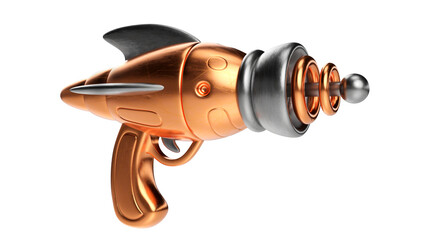 Naklejka premium Futuristic alien space gun or blaster in vintage sci fi style. Realistic 3d illustration weapon for toy or game.