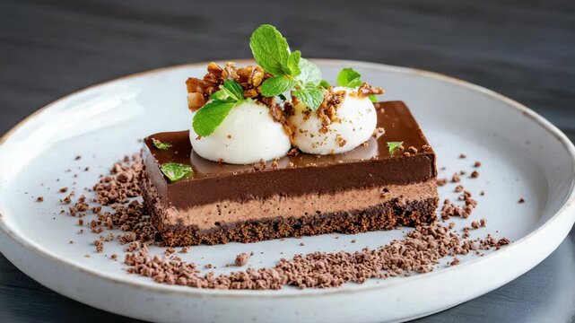 Chocolate mousse tart with whipped cream, mint and praline garnish, glossy ganache slice elegant