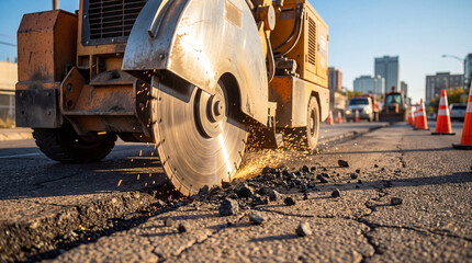 Industrial road saw cutting asphalt on urban street with sparks during city construction work under clear daylight conditions