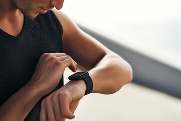 Sporty man checking smartwatch on sunny outdoor background for fitness app, sportswear brand and health technology advertising