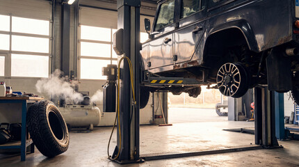 Four wheel drive vehicle elevated on hydraulic lift in spacious garage workshop with sunlight, spare tire and compressor in background