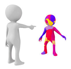 3D Figur zeigt mit dem Finger auf eine andere farbenfrohe 3D Figur, Freisteller