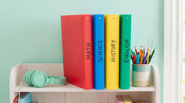 Colorful subject binders organized on a bookshelf with headphones and cup of pencils in a tidy modern study space