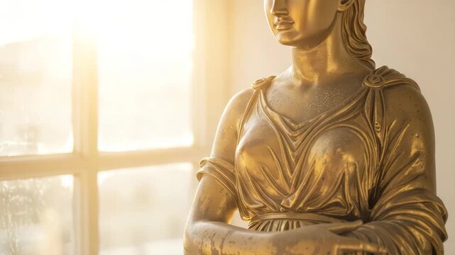 Golden classical goddess statue illuminated by warm sunlit window light, depicting ancient history and luxury art concept with elegant drapery detail