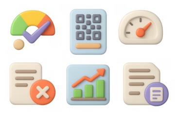 Finance icon set with growth chart, speedometer, qr code, and document symbols for business design