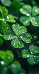 Fresh dew drops resting on vibrant four-leaf clover leaves in a close-up, natural scene.

