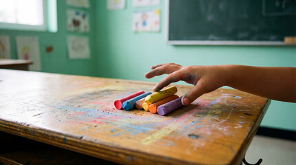Child's hand reaching for colorful chalk pieces on a classroom desk with green walls and artwork in the background