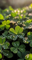 A close-up view of fresh dew drops resting on vibrant four-leaf clover leaves.

