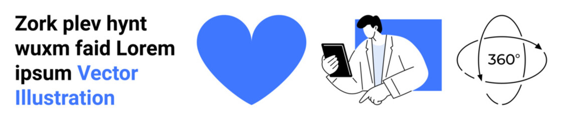 Digital engagement, virtual learning, online interaction, creativity, universal connection, personal growth. Blue heart, person holding tablet and 360-degree symbol. Digital engagement and virtual