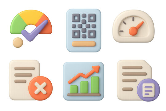 Finance icon set with growth chart, speedometer, qr code, and document symbols for business design - Powered by Adobe