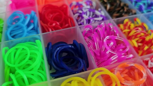 Colorful assortment of craft rubber bands in organized containers for creative projects