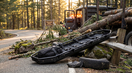 Emergency rescue stretcher beside fallen tree and debris blocking forest road with recovery vehicle and flashing lights in natural landscape