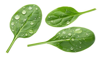 set of fresh spinach leaves with water drops isolated on white or transparent png