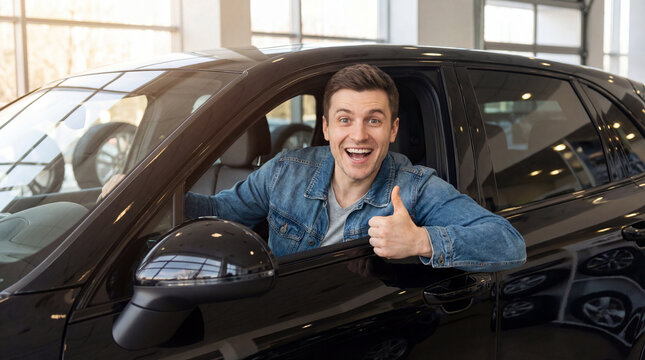 happy young man sitting in car giving thumbs up gesture, excited about new vehicle purchase at modern dealership showroom