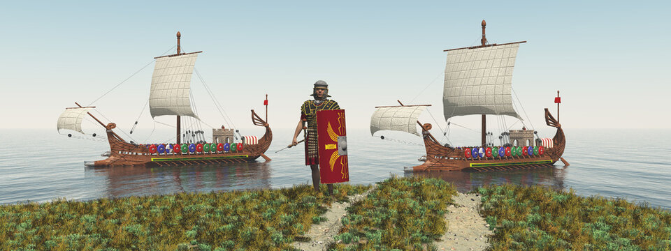 R&ouml;mischer Legion&auml;r mit r&ouml;mischen Kriegsschiffen in einer K&uuml;stenlandschaft