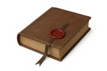 Old leather book with a wax seal bookmark. Ancient knowledge, secrets, magic, wisdom, history, and archival concepts