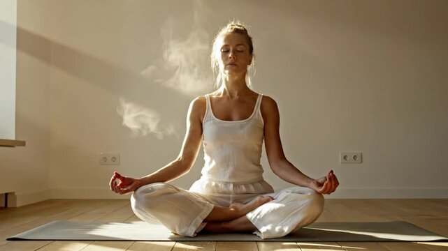 Morning light streams through a window as a woman meditates peacefully on her mat. Wisps of smoke rise gently, creating a serene atmosphere perfect for relaxation and mindfulness.