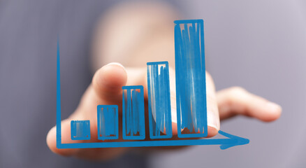 Person showing a hand-drawn blue bar graph depicting financial growth and success. Ideal for business, investment, and market analysis concepts.