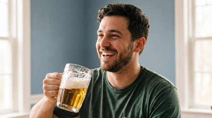 smiling man enjoying a glass of beer in a bright room with natural light and casual relaxed atmosphere