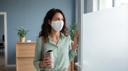 Confident young woman wearing protective face mask enters modern office holding reusable cup, health safety and sustainable lifestyle