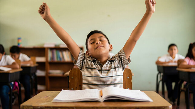 Joyful young boy celebrating academic success with arms raised, sitting at desk in classroom with classmates studying in background - Powered by Adobe