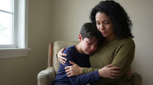 Sad young boy comforted by his mother in a quiet room, expressing emotions and family support during a difficult moment