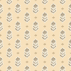 Seamless pattern with freehand ink doodle abstract flowers. Trendy yellow floral block print background. Hand drawn vector illustration. Boho, cottage core, embroidery retro wallpaper.