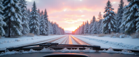 Fototapeta premium View from car dashboard with winter road with snow-covered trees and sunset in the background 