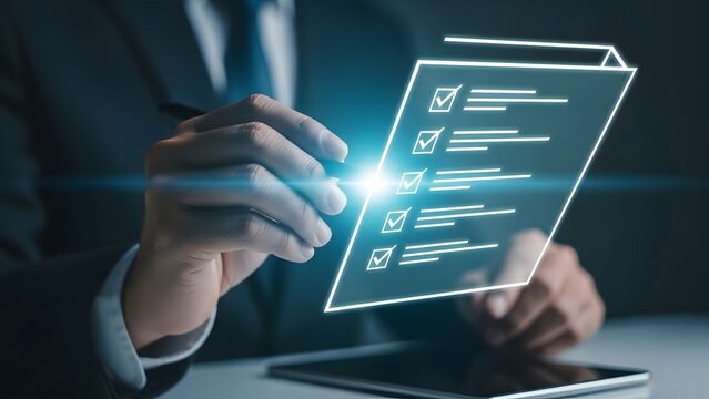 Businessman interacting with digital checklist on transparent screen