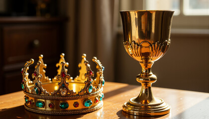 Golden chalice cup with jewels beside royal crown in modern style
