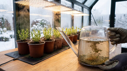 Gardener watering potted rosemary plants inside greenhouse with led grow lights during winter, nurturing herb growth indoors