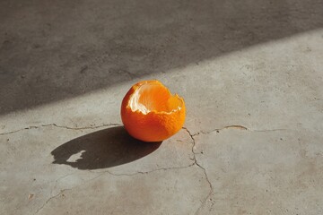 Vibrant Orange Peel on Cracked Concrete in Sunlight