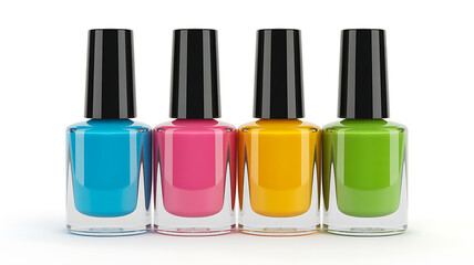Colorful nail polish bottles in blue pink yellow and green shades
