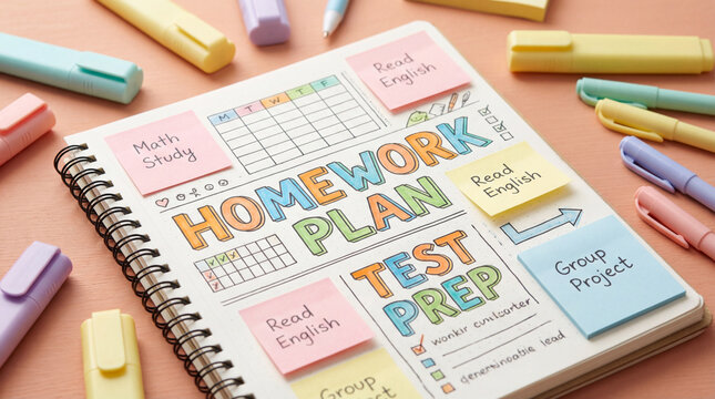 Organized student homework plan and test preparation checklist with colorful stationery and study schedule on a spiral notebook