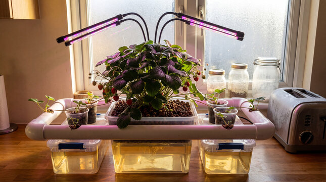 Diy indoor hydroponic strawberry system with led grow lights, nutrient solution reservoirs, and healthy fruiting plants on windowsill