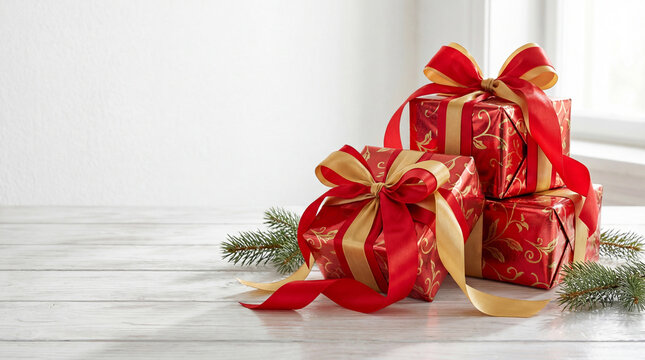Red and gold wrapped gifts with ribbons stacked on white wooden table near window and pine branches in festive holiday setting