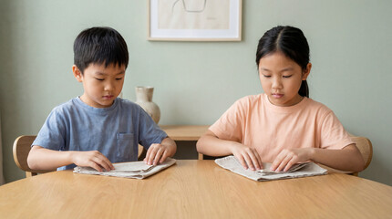 Focused young boy and girl sitting at a table reading newspapers indoors, practicing concentration and literacy skills together