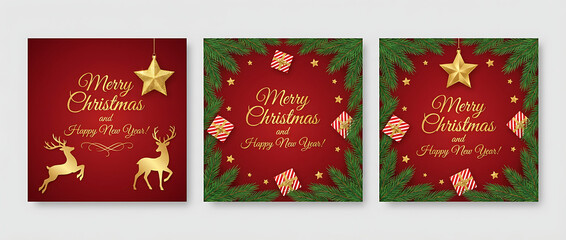 Set of Christmas and New Year greeting cards with xmas decoration. Winter Holiday Posters or banners design in modern realistic style with fir branches, gift boxes, christmas tree toys deer and stars