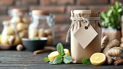 A rustic still life featuring a jar of herbal tea ingredients, including ginger, lemon, and mint, arranged on a wooden table.