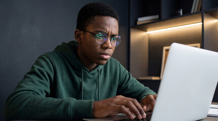 Focused young man in glasses working on laptop at desk in modern room with shelves and ambient lighting