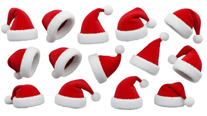 Collage with Santa Claus hats set, Christmas and New Year celebration, close-up object.